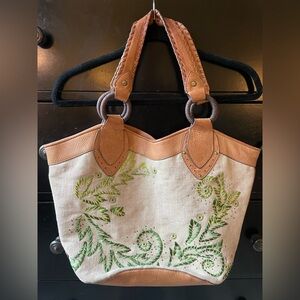 Cole Haan Leather & Embroidered Canvas Tote Bag Hobo Whipstitch